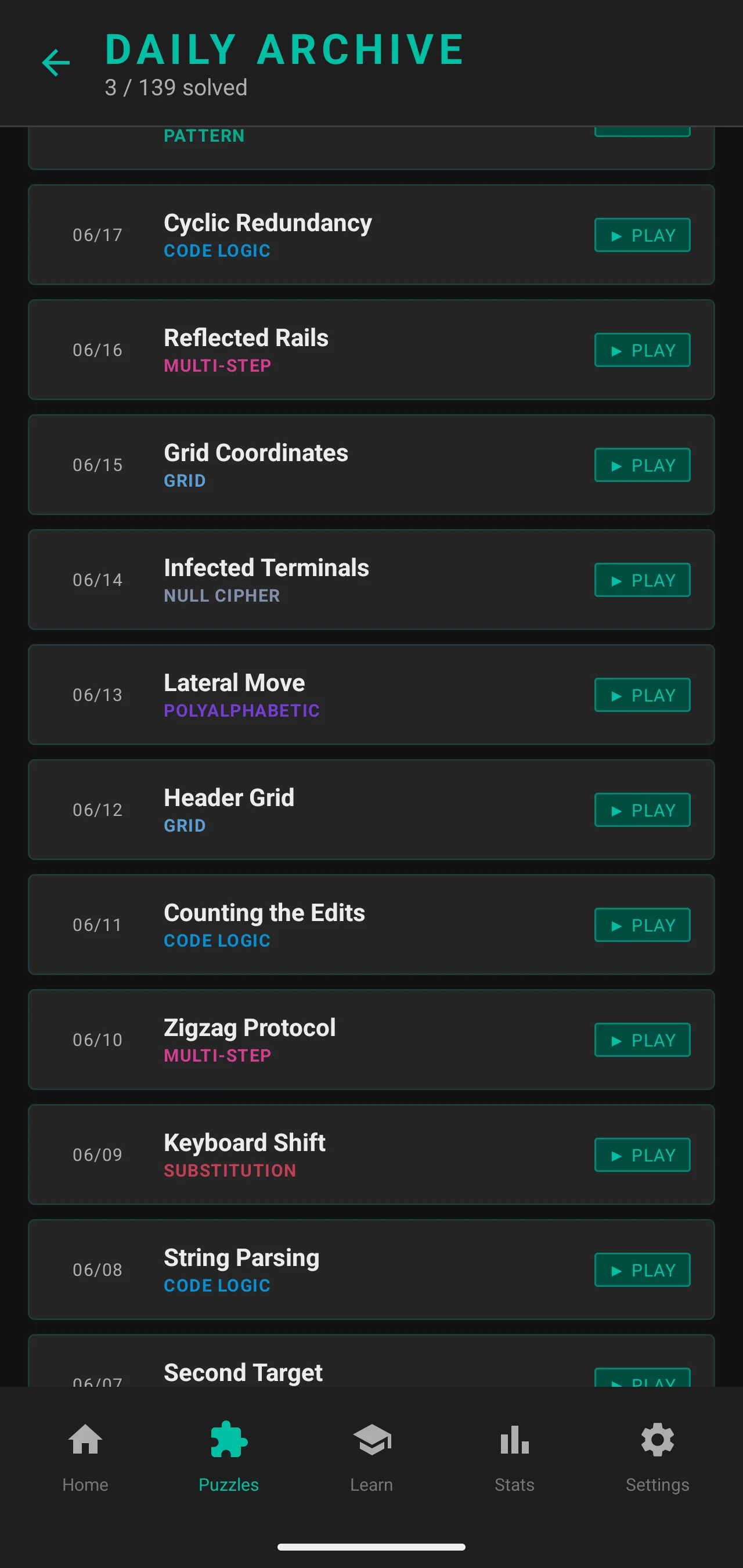 Cipher archive screen in Dark theme