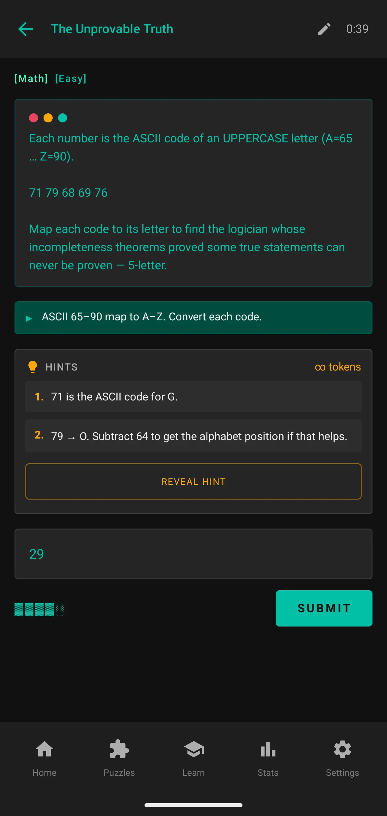 Cipher challenge screen in dark theme
