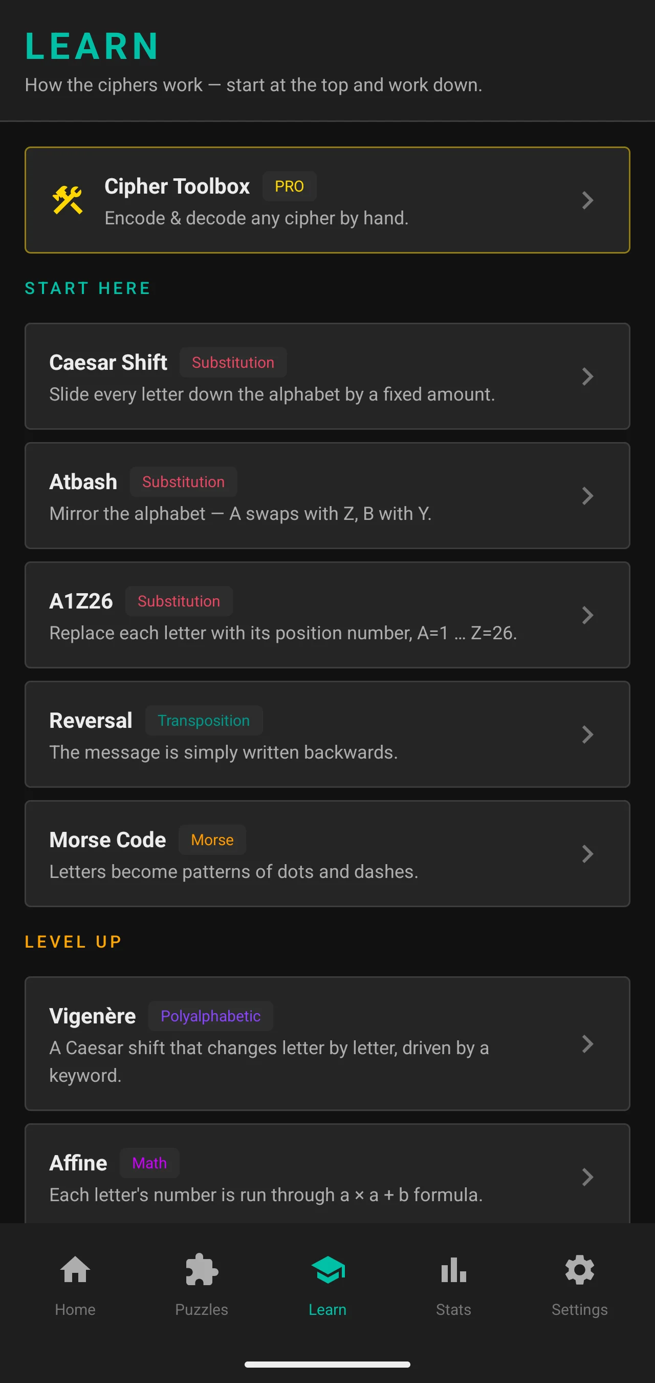 Cipher learn screen in Dark theme