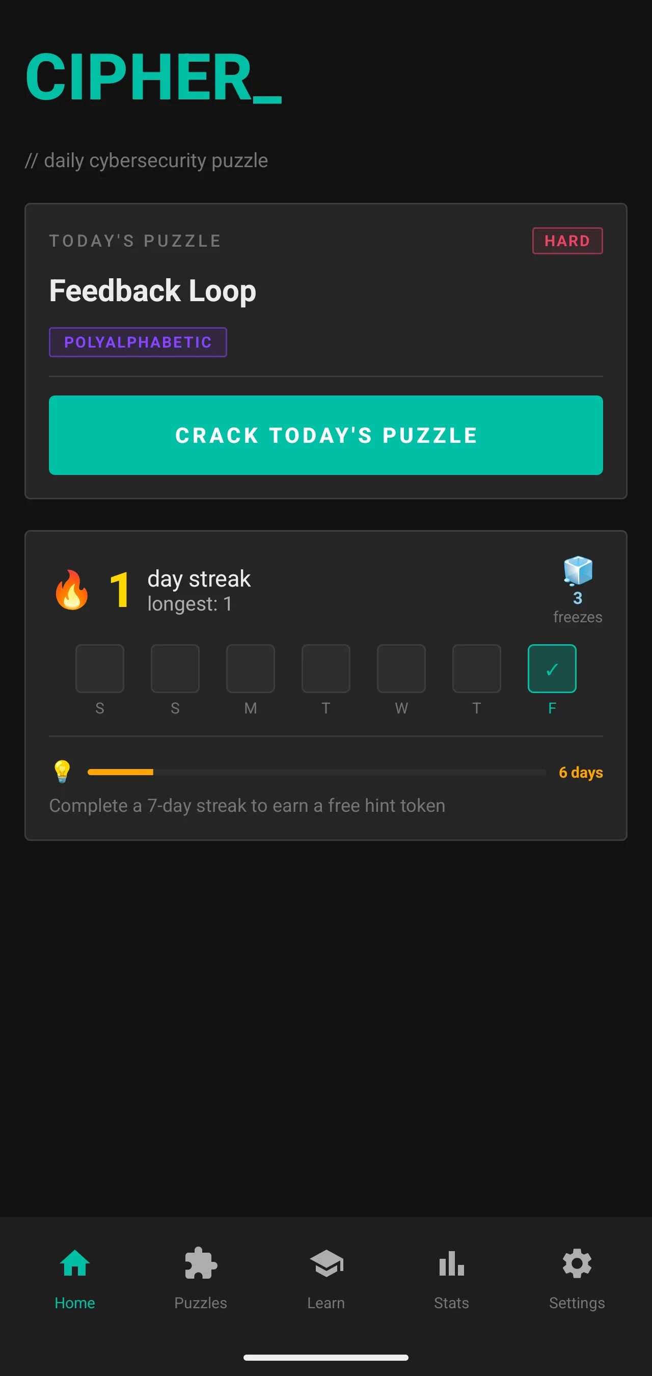 Cipher home screen in Dark theme
