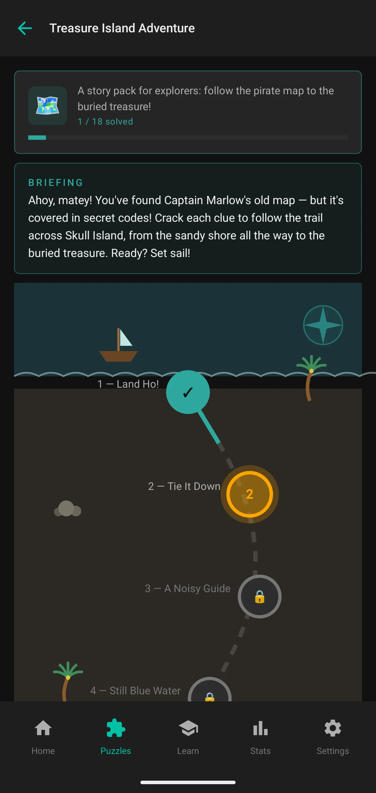 Cipher puzzle pack screen in Dark theme