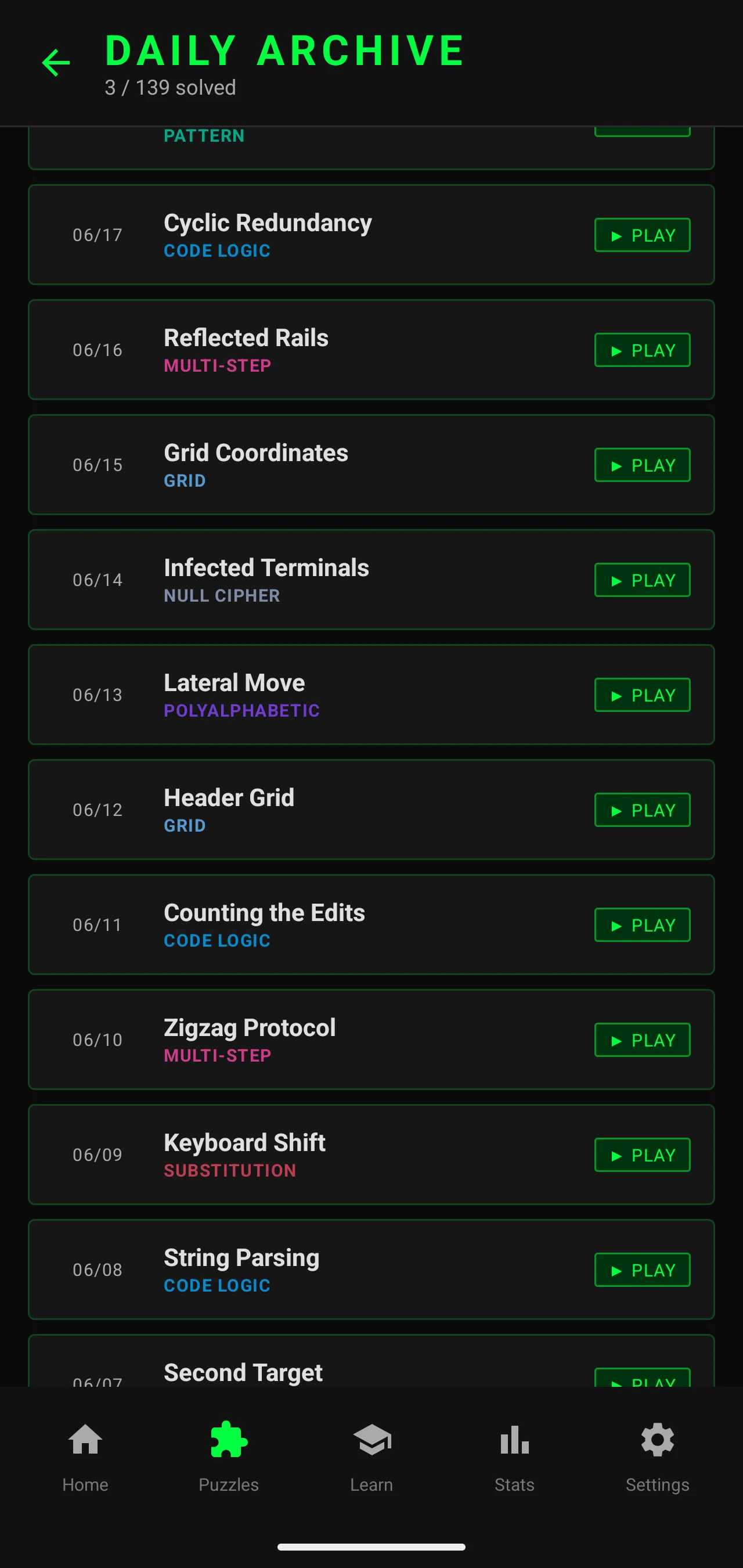 Cipher archive screen in Hacker theme