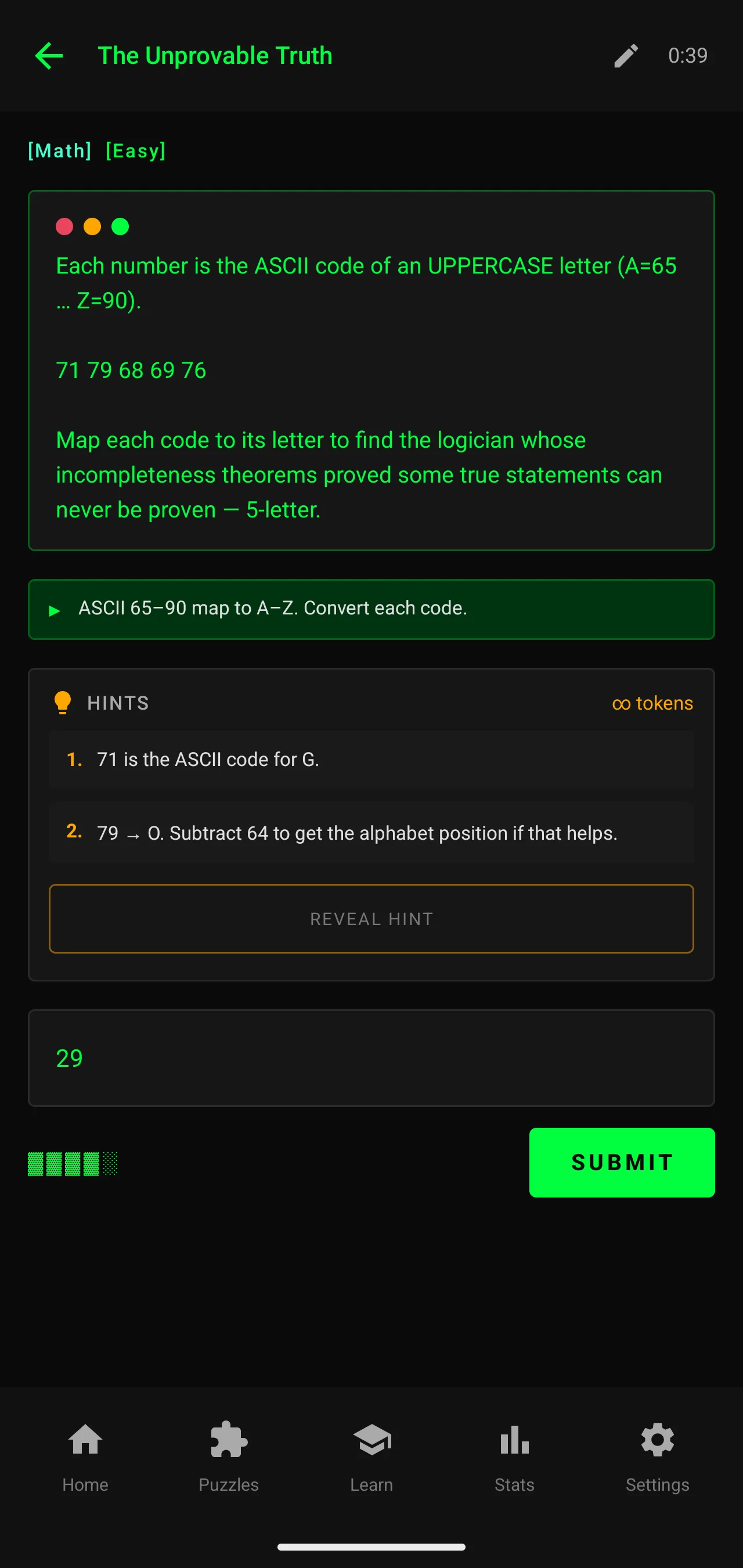 Cipher challenge screen in Hacker theme