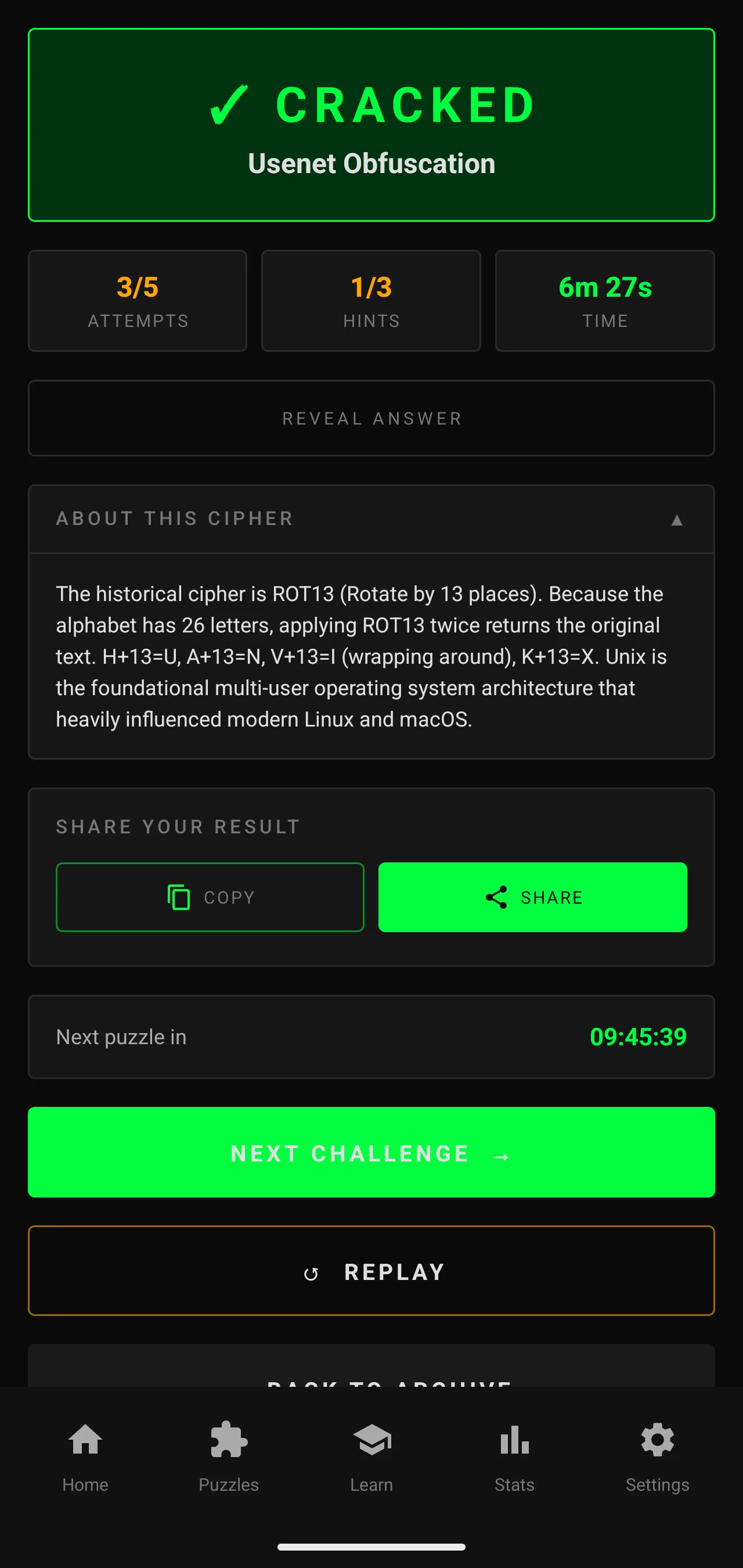 Cipher solved challenge screen in Hacker theme