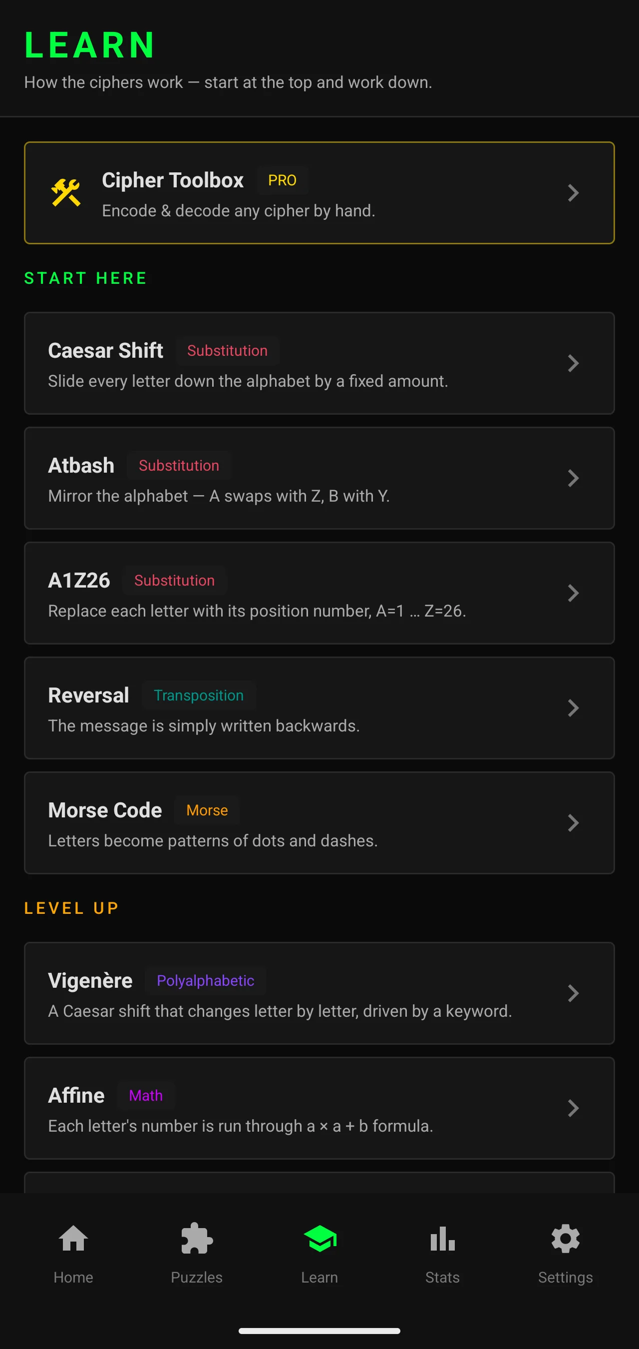 Cipher learn screen in Hacker theme