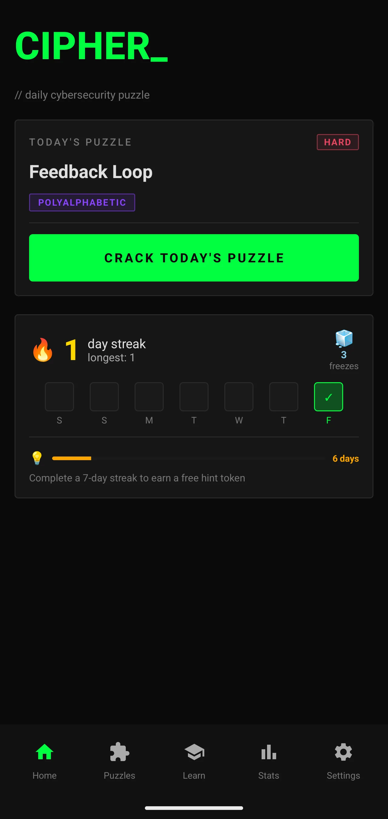 Cipher home screen showing the daily puzzle and current streak