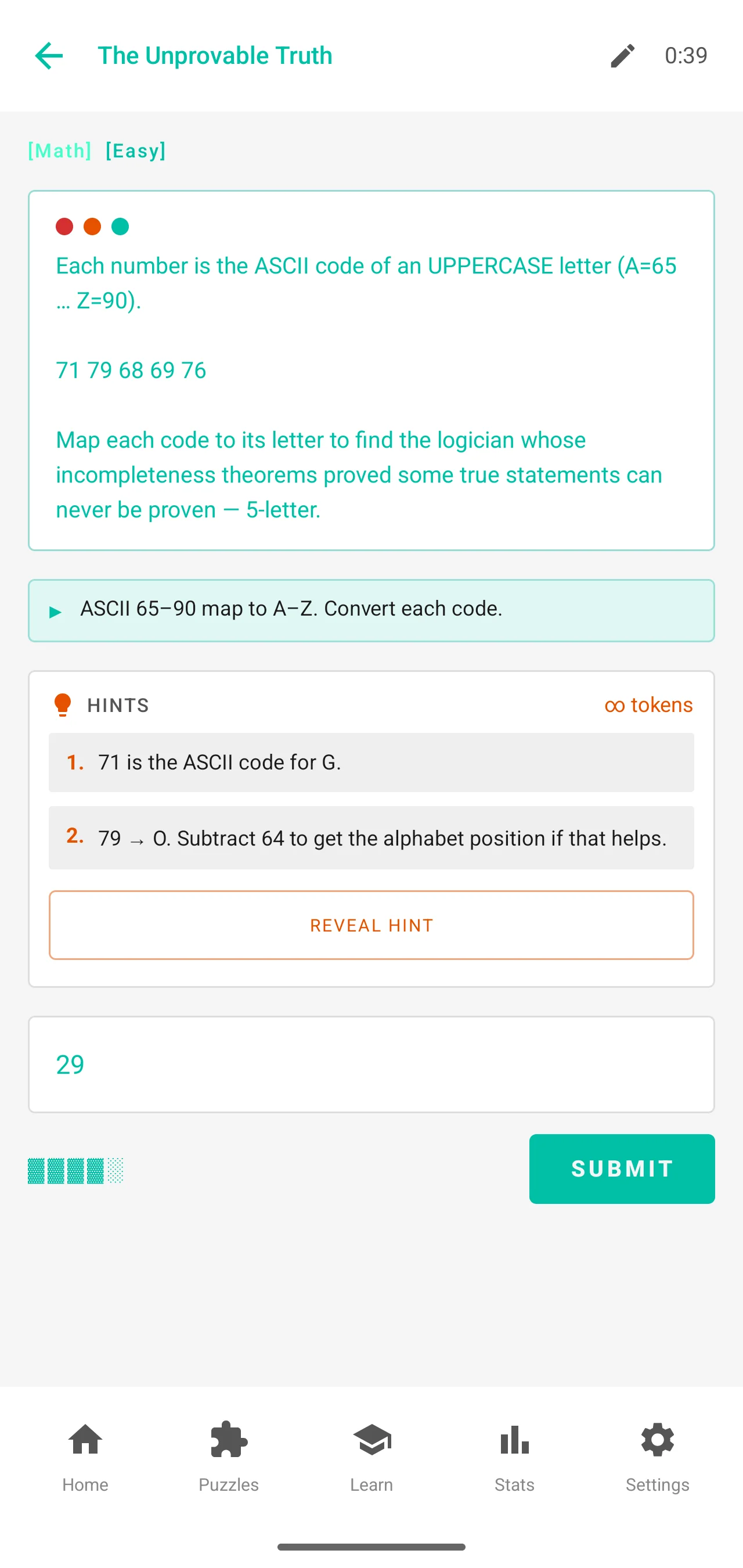Cipher challenge screen in Light theme