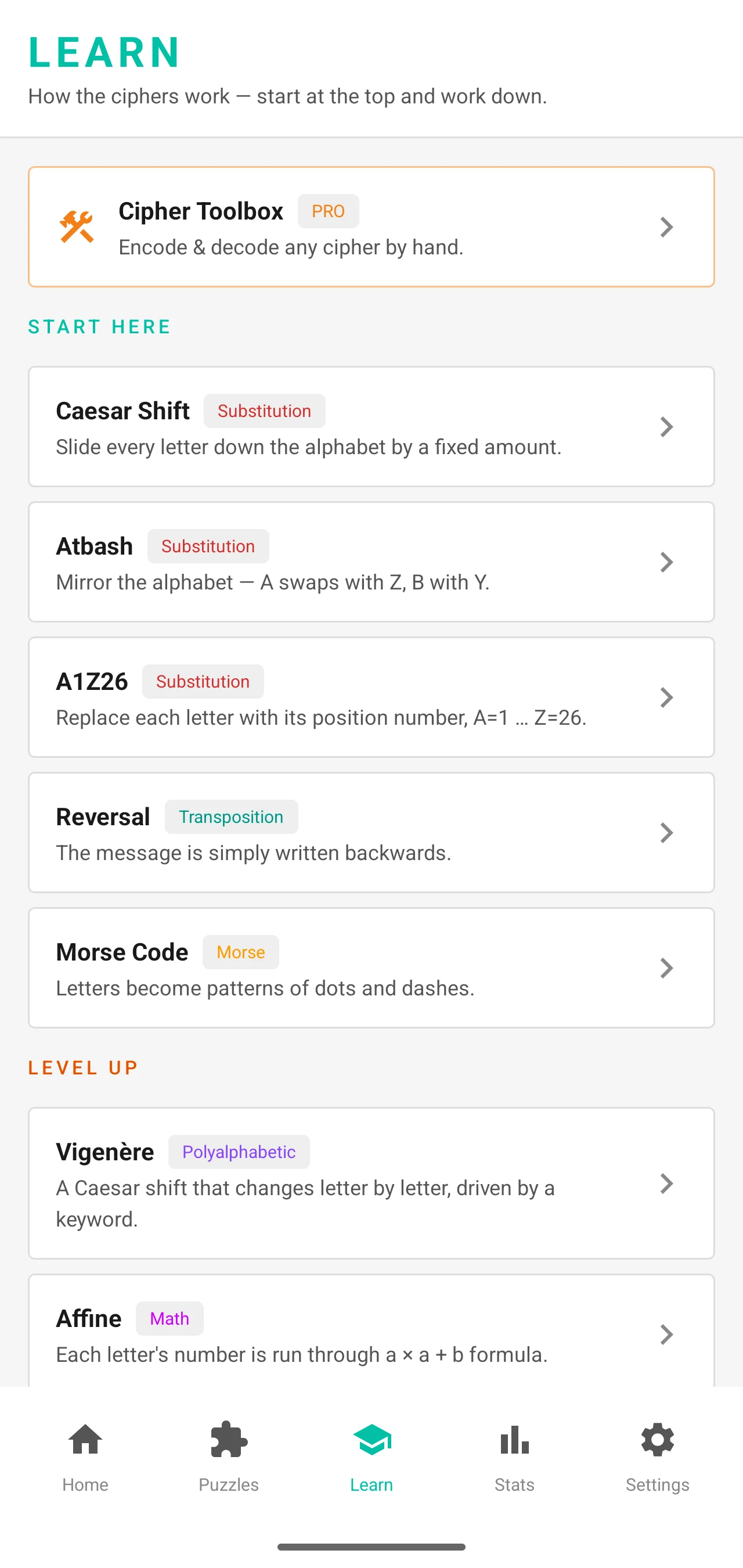 Cipher learn screen in Light theme